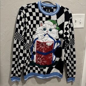 Blizzard Bay Black & White Checkered White Cat Present Pocket Ugly Sweater Small